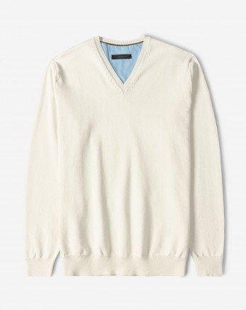 پلیور بافت یقه هفت ساده مردانه شیری 24472111