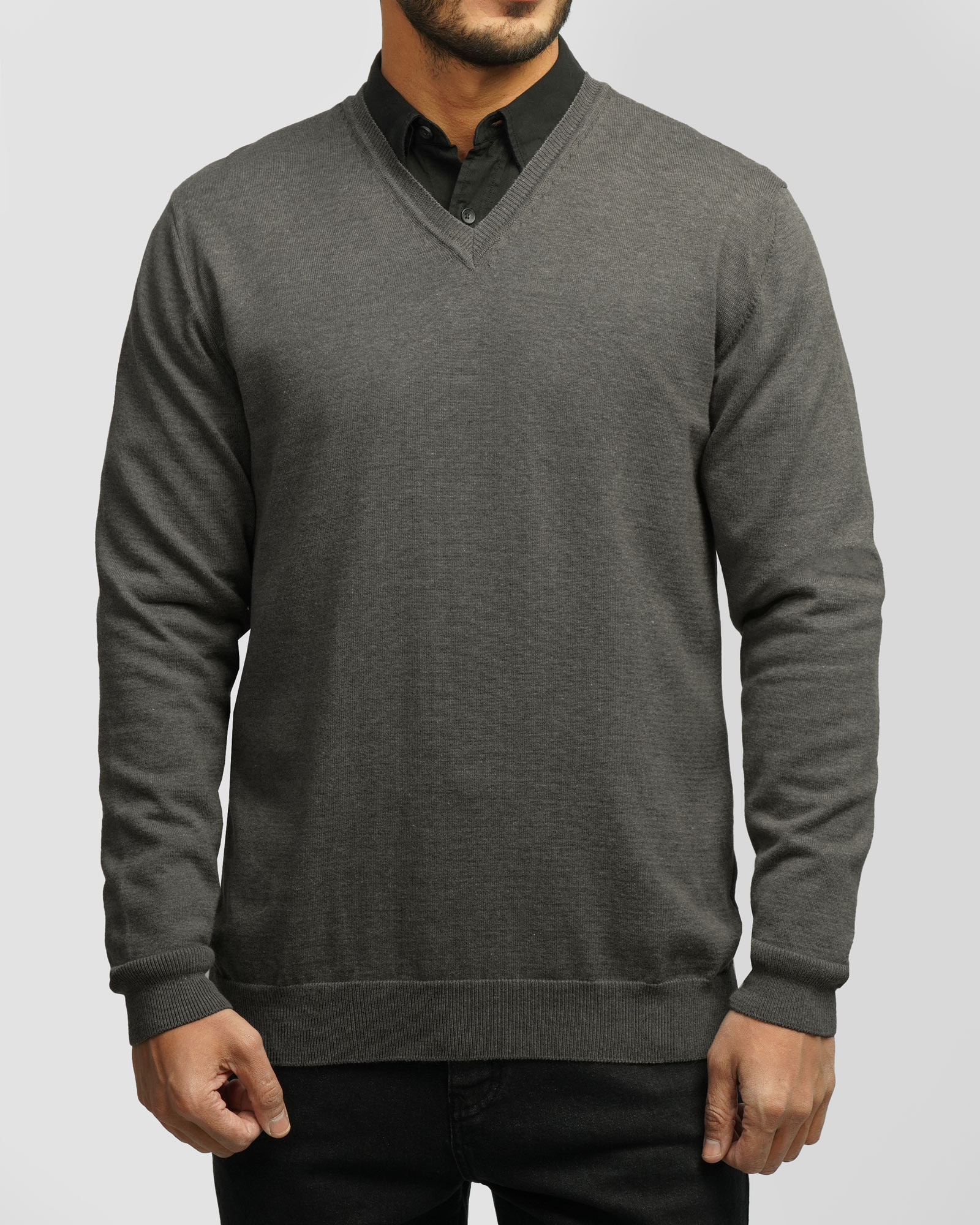 پلیور بافت یقه هفت ساده مردانه خاکستری 24472111