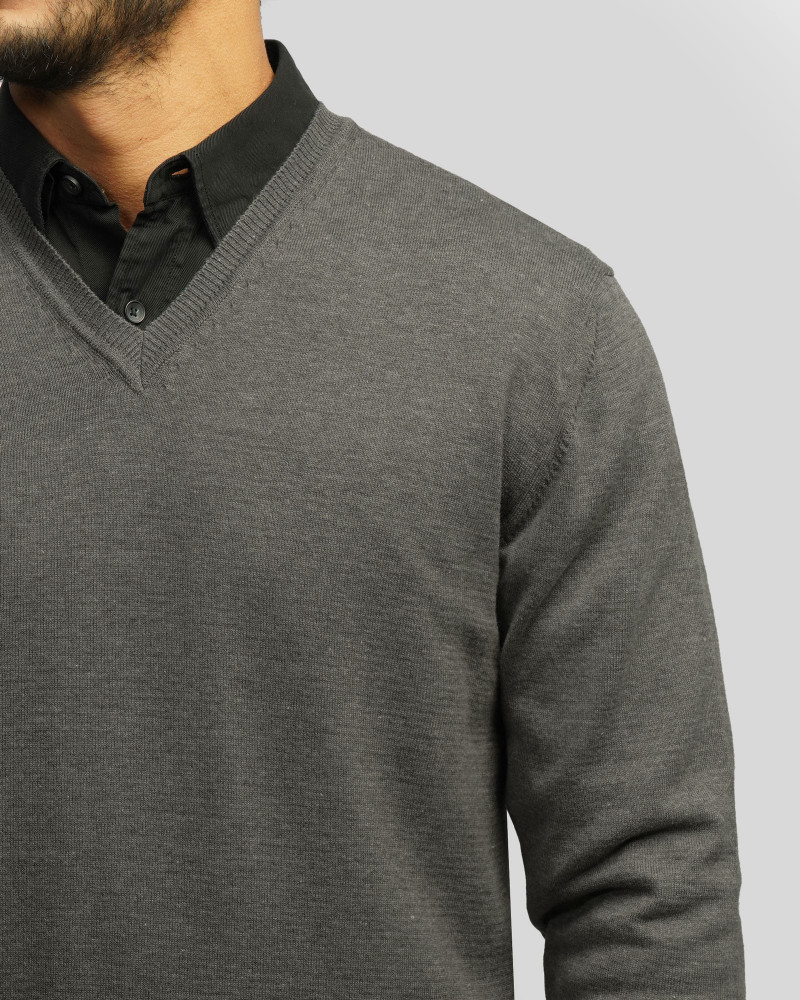 پلیور بافت یقه هفت ساده مردانه خاکستری 24472111