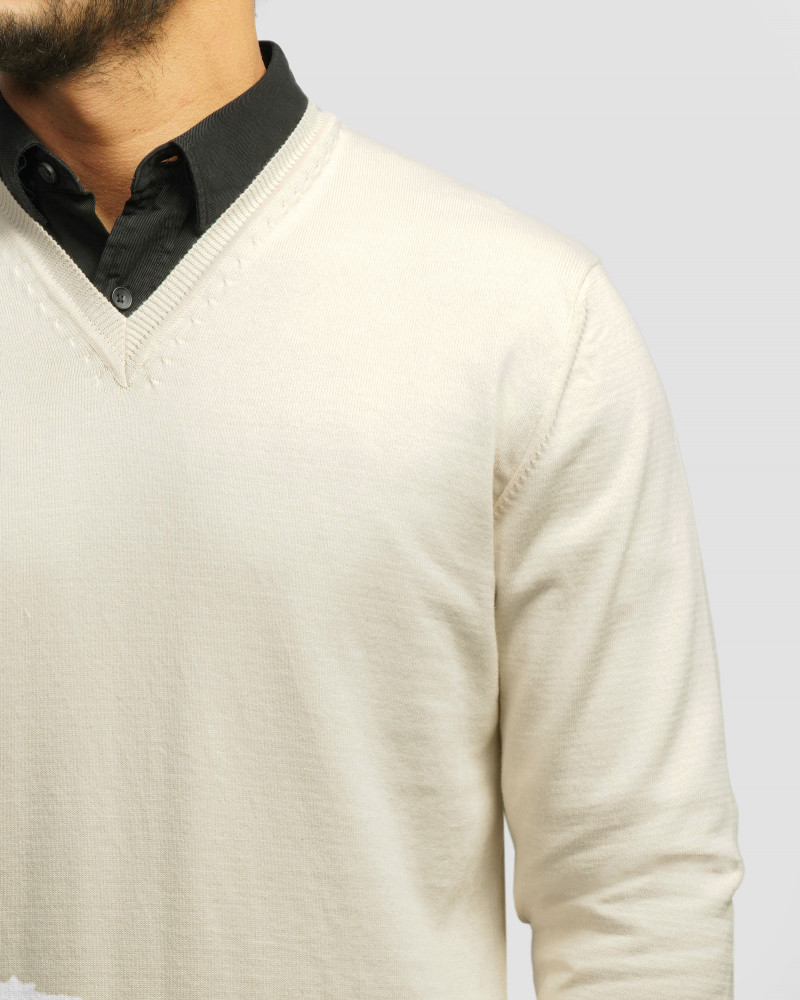 پلیور بافت یقه هفت ساده مردانه شیری 24472111