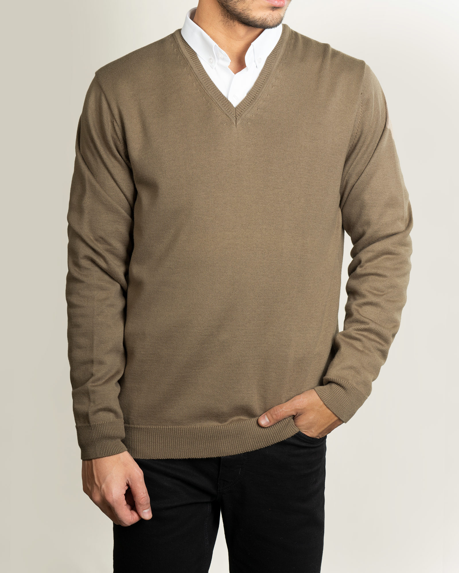 پلیور بافت یقه هفت ساده مردانه خاکی 24472111