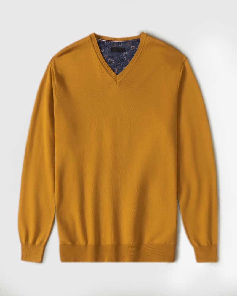 پلیور بافت یقه هفت ساده مردانه زرد تیره 24472111