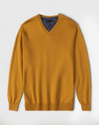 پلیور بافت یقه هفت ساده مردانه زرد تیره 24472111