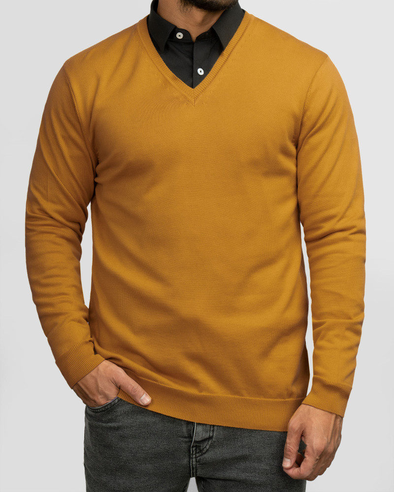 پلیور بافت یقه هفت ساده مردانه زرد تیره 24472111