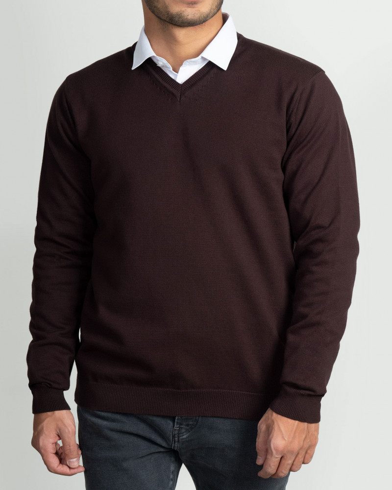 پلیور بافت یقه هفت ساده مردانه قهوه ای 24472111
