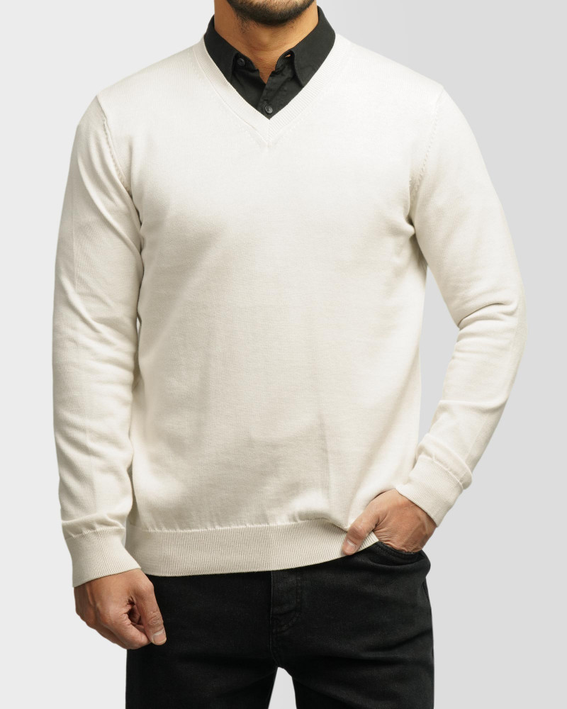 خرید و قیمت پلیور بافت یقه هفت ساده مردانه کرم روشن 24472112