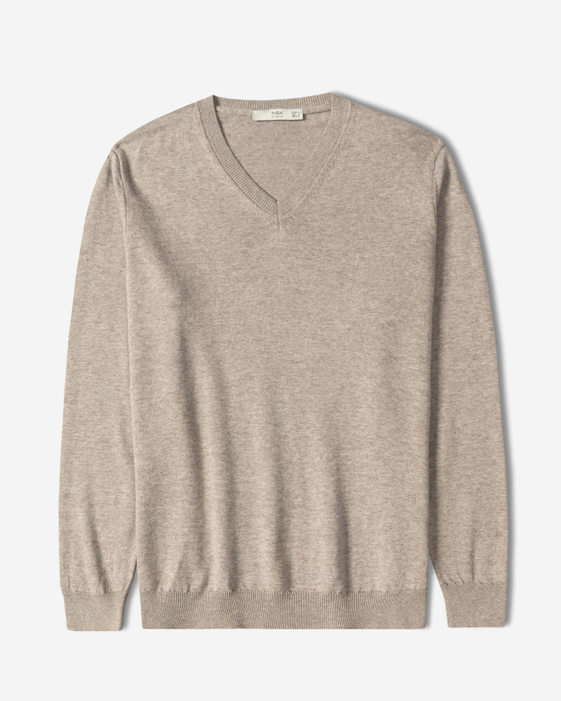 خرید و قیمت پلیور بافت یقه هفت ساده مردانه کرم تیره 24472112