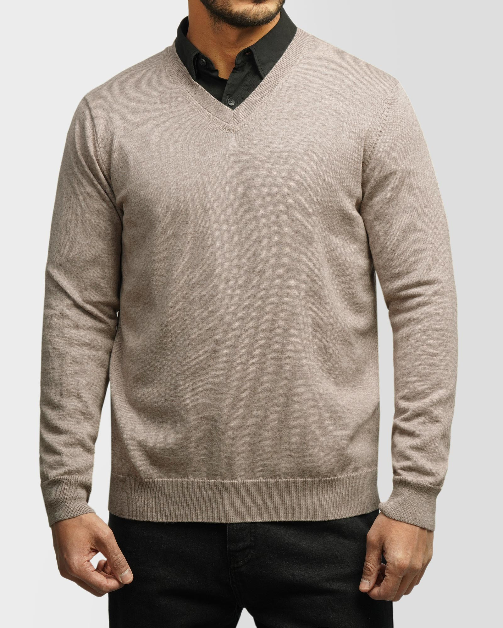 خرید و قیمت پلیور بافت یقه هفت ساده مردانه کرم تیره 24472112