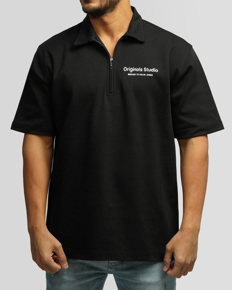 خرید و قیمت پولوشرت نیم زیپ آستین کوتاه مردانه مشکی 24494334